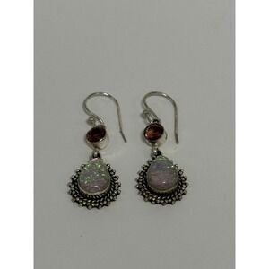 Sterling Silver 925 White Fire Opal & Garnet Teardrop Dangle Earrings Rope Bezel